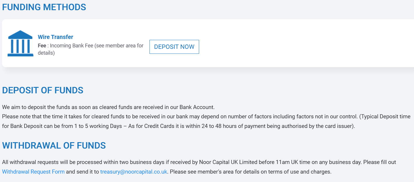 Noor Capital UK Deposits and Withdrawals Review