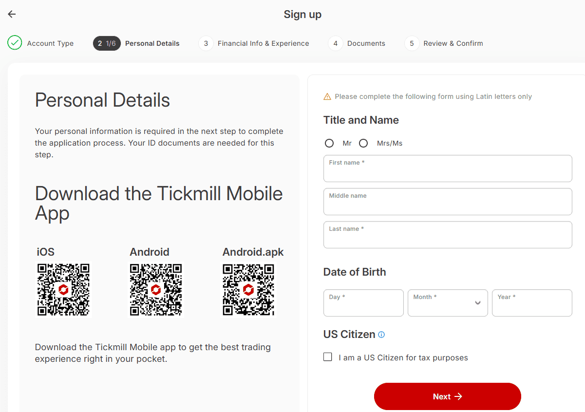 Tickmill Account Opening Review