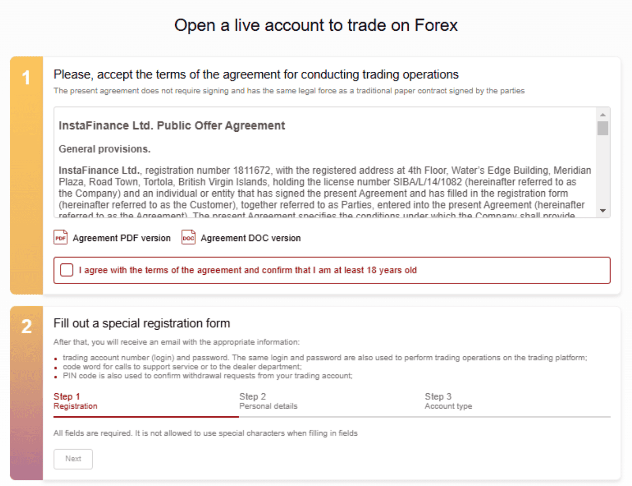 InstaForex Sign Up Process