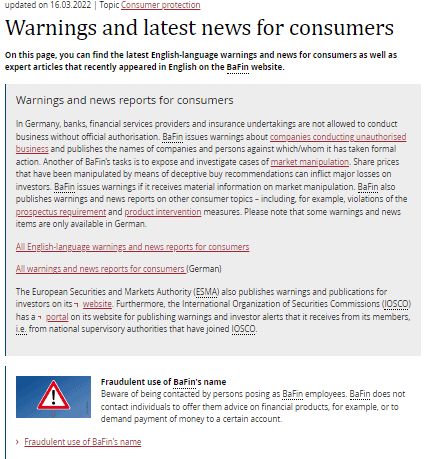 BaFin Warnings and latest news for consumers
